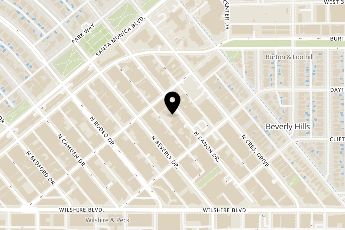 Map showing the location of Mulberry Street Pizzeria Beverly Hills Canon Dr on 347 N Canon Dr in Beverly Hills